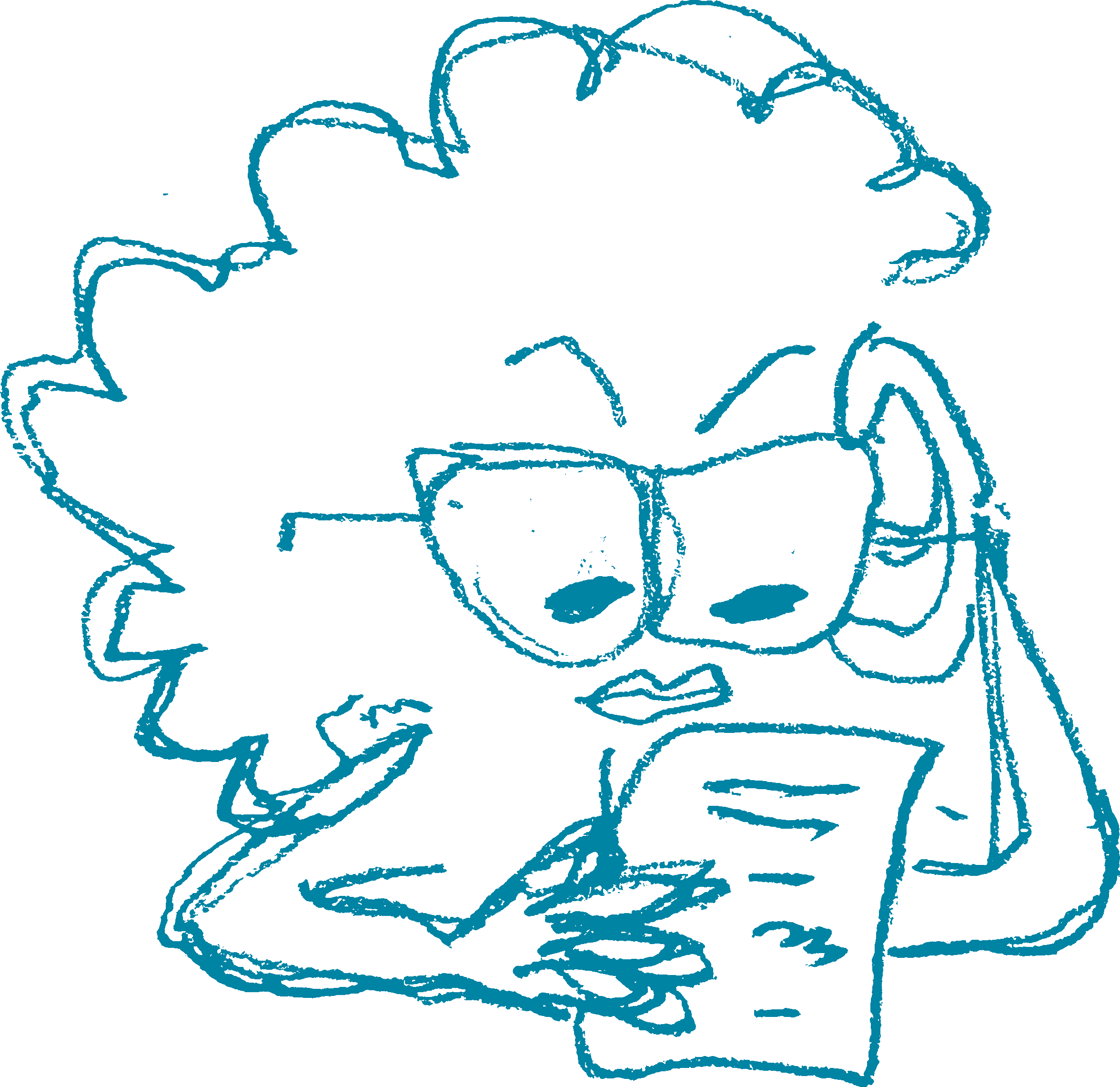 A drawn portrait of Auntie source reading YOUR questions