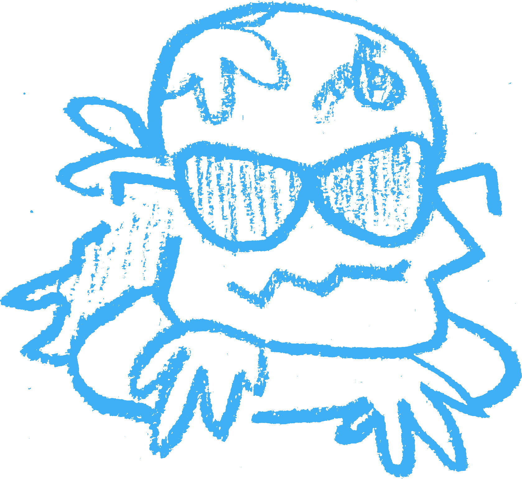 A drawing of Sammy, with a bandana and sunglasses on, and a swollen chin.