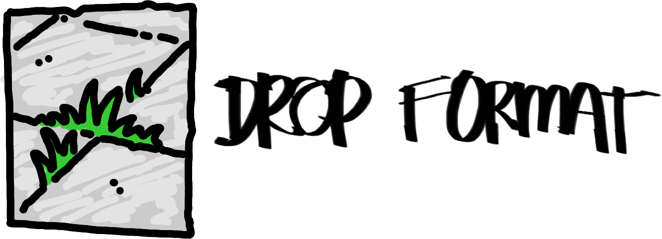 A Willow Drop Format emblem: A stylised drawing of tufty grass growing in between the cracks of paving stones, next to a graffiti-styled rendition of the words "Drop Format".
