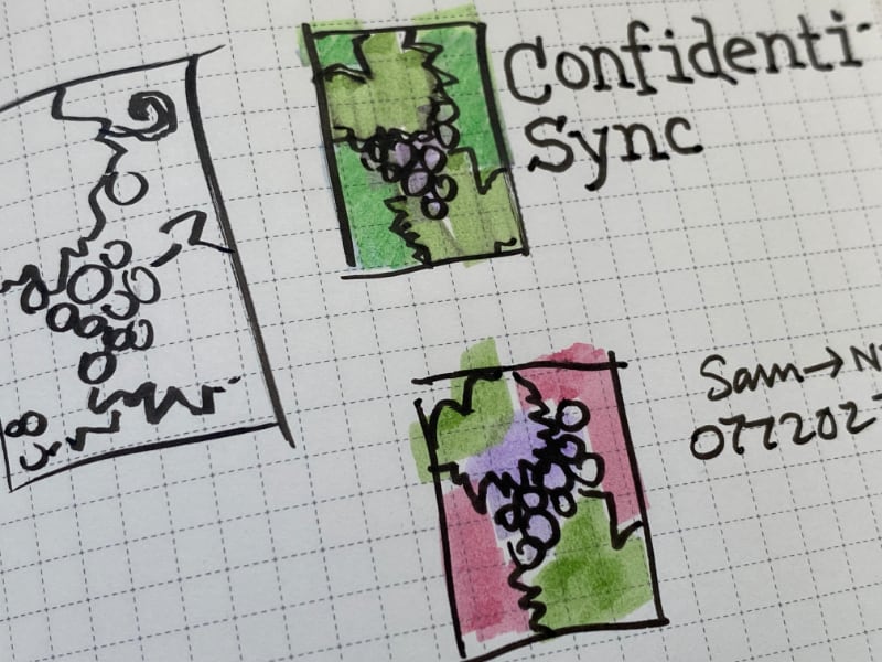 A photograph of some sketches of the new Confidential Sync emblem