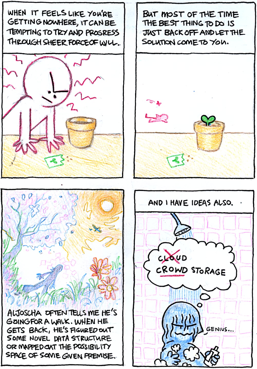 A comic with four panels. 
        
The first panel's text reads: 