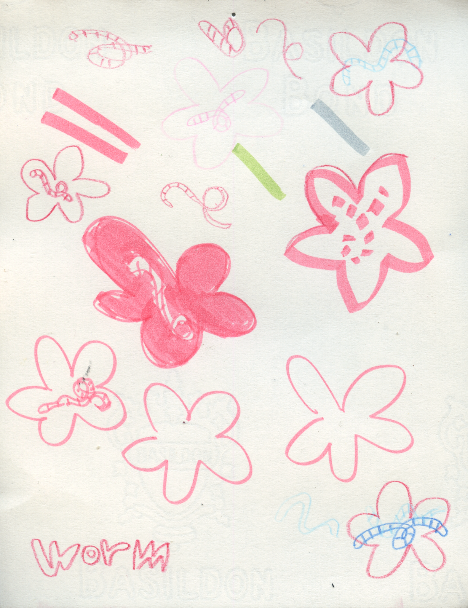 A piece of paper with various drafts of worm-blossom logos, including the final one that made it into our site header.