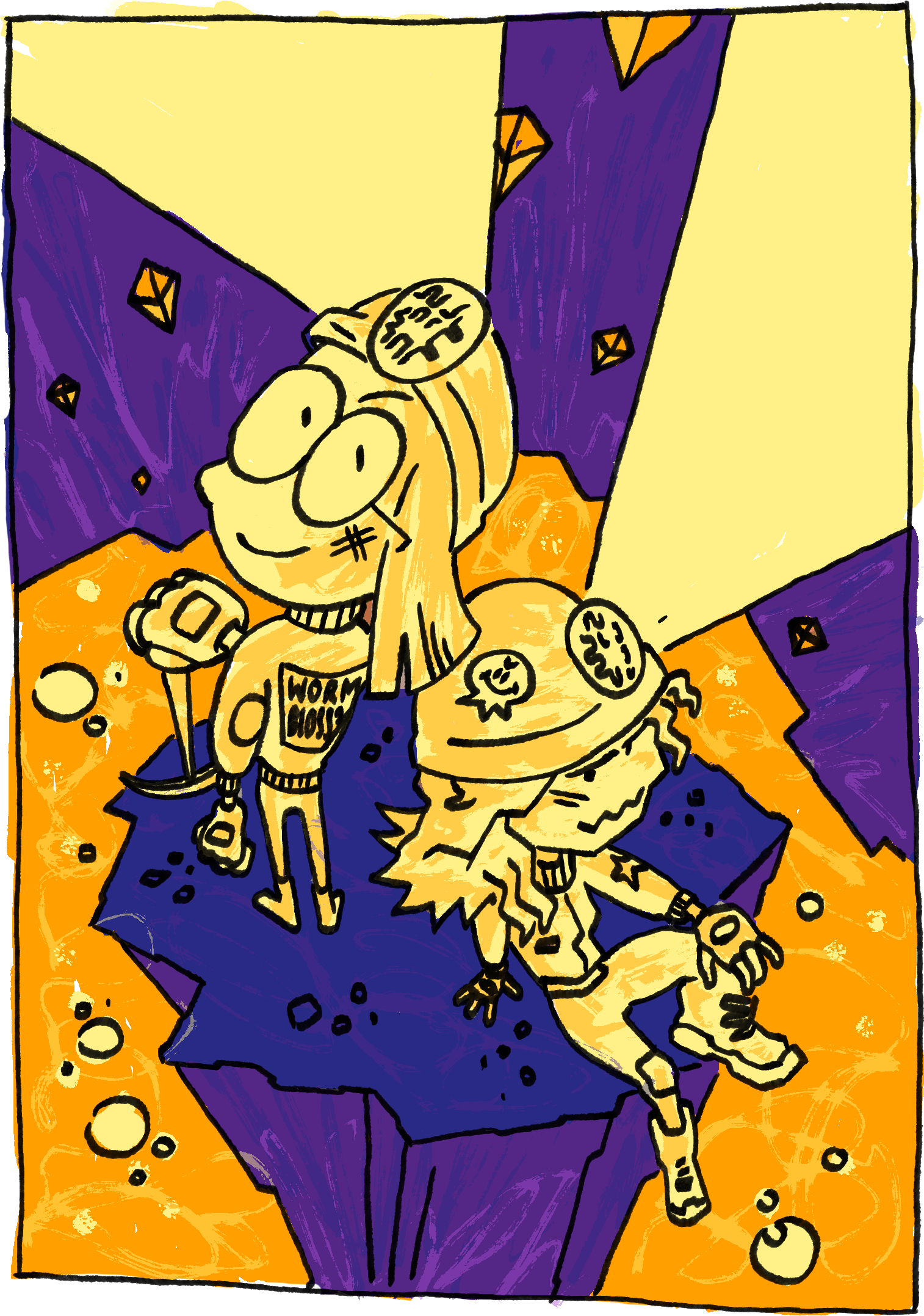 An illustration of Aljoscha and Sam in mining gear, deep underground, surrounded by lava yet looking up towards the viewer with confidence.