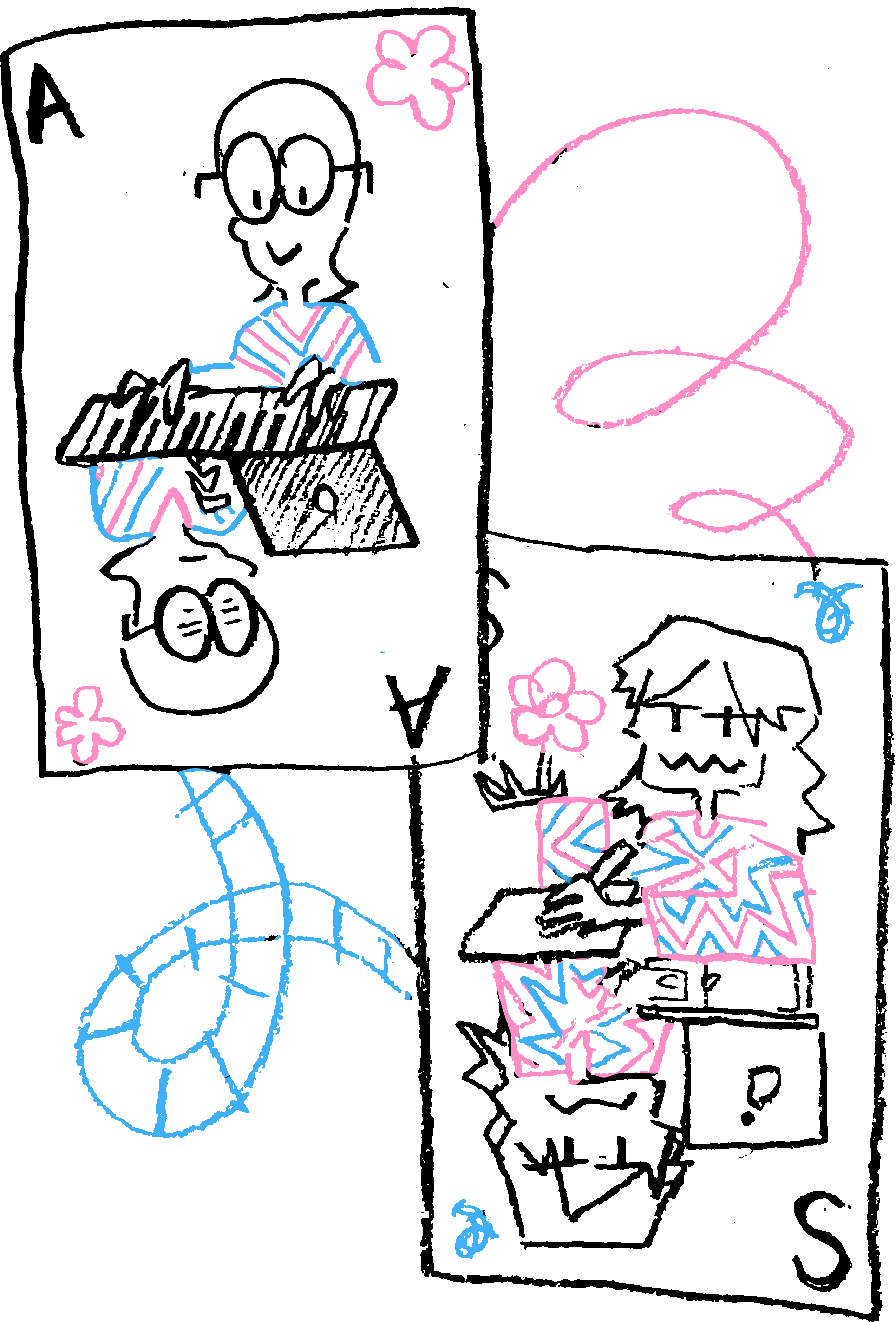 An illustration of two playing cards, one slightly overrlapping the other.
The two cards show illustrations of Aljoscha and Sammy, styled as face cards.
Aljoscha's card shows him playing music, and coding seriously on a computer.
Sammy's card shows her drawing, and working at a computer with some displeasure.