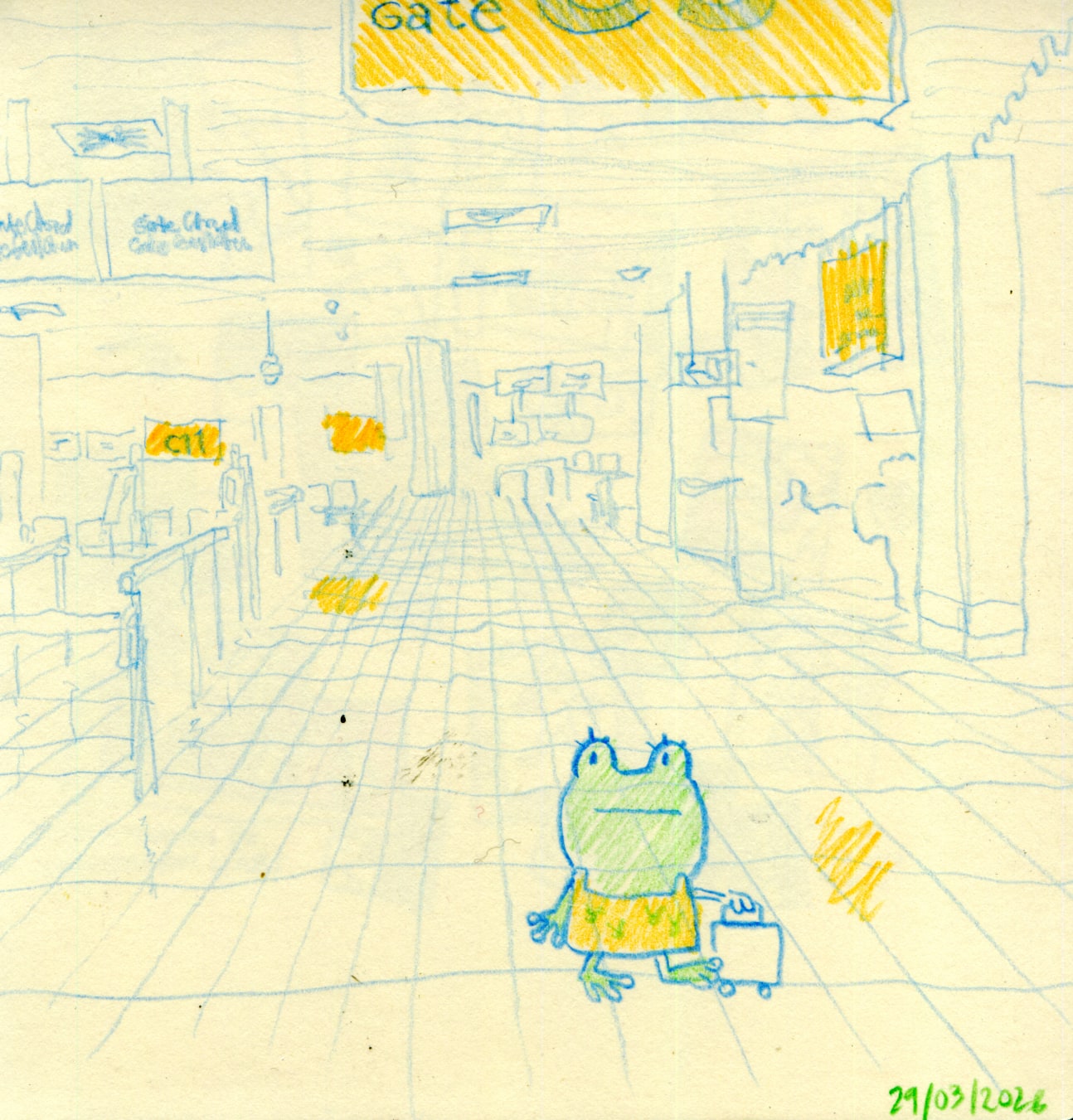 A cartoon frog wanders in a quasi-realistic airport.