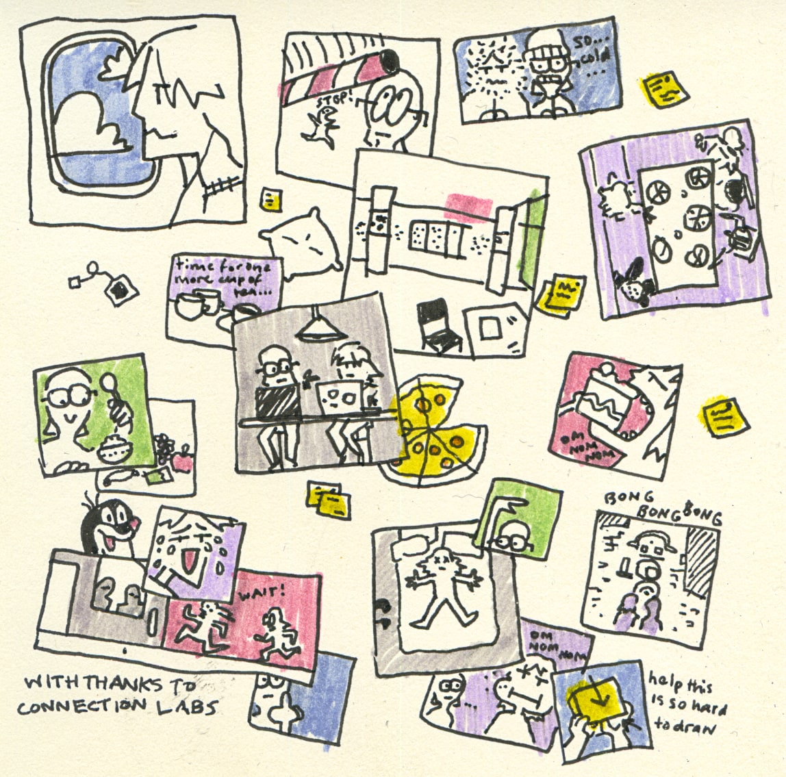 An illustration of many overlaid images, vignettes from Sammy and Aljoscha's busy week in Prague.
