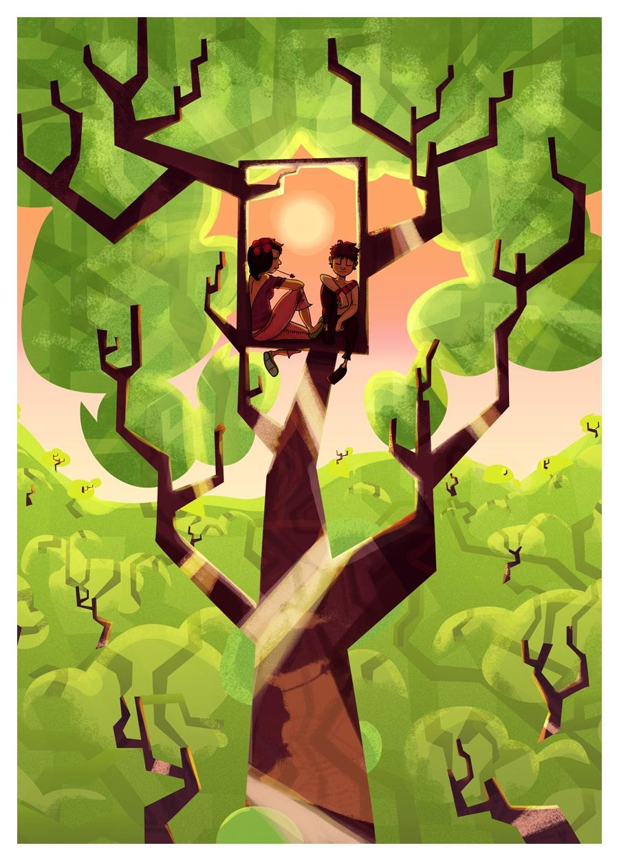 A digital drawing of two people sitting in a stylised tree.