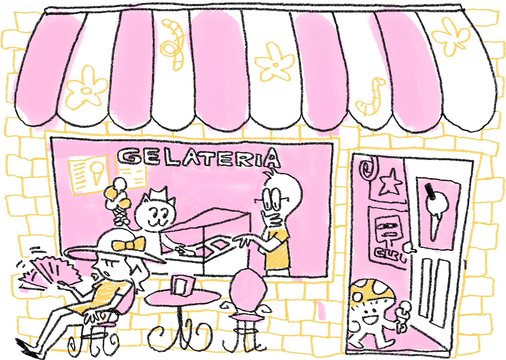 An illustration of a gelateria. Sammy sits out front, slumped in a chair and fanning herself. A little mushroom guy walks out of the gelateria, very pleased with himself. Aljoscha is inside, ordering lots of icecream. A helpful cat is serving him.