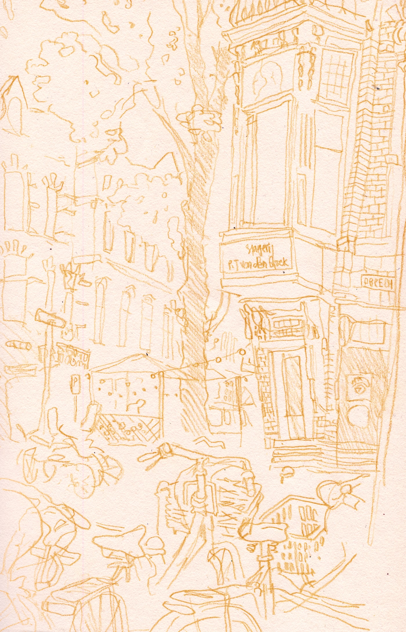 A drawing of a street on a summer evening.