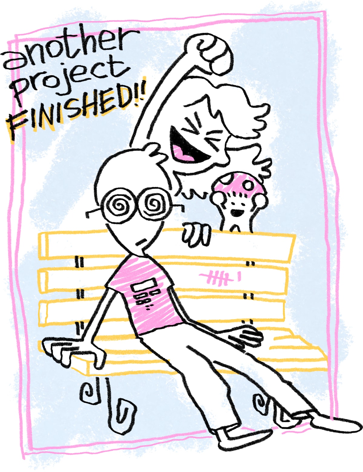 An illustration of Aljoscha slumped in a bench, spirals spinning in his eyes. He's wearing a stylish pink RBSR-themed t-shirt. Sammy pumps her fist behind him, and mushroom-Dan cheers from atop the bench.".

