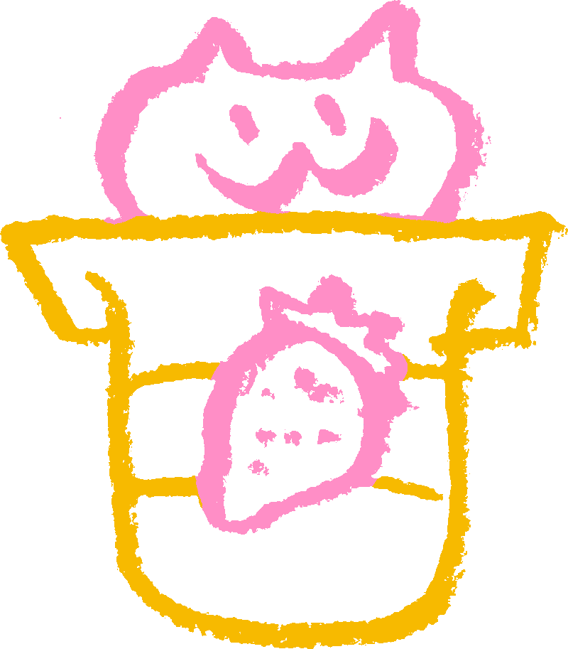 A pink cat face peeking out of a blue cup with a strawberry on it