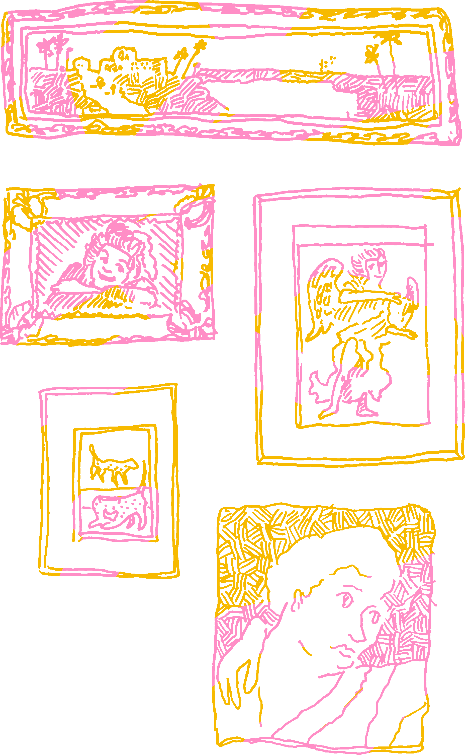 Sketchy ink studies of some paintings in frames.
