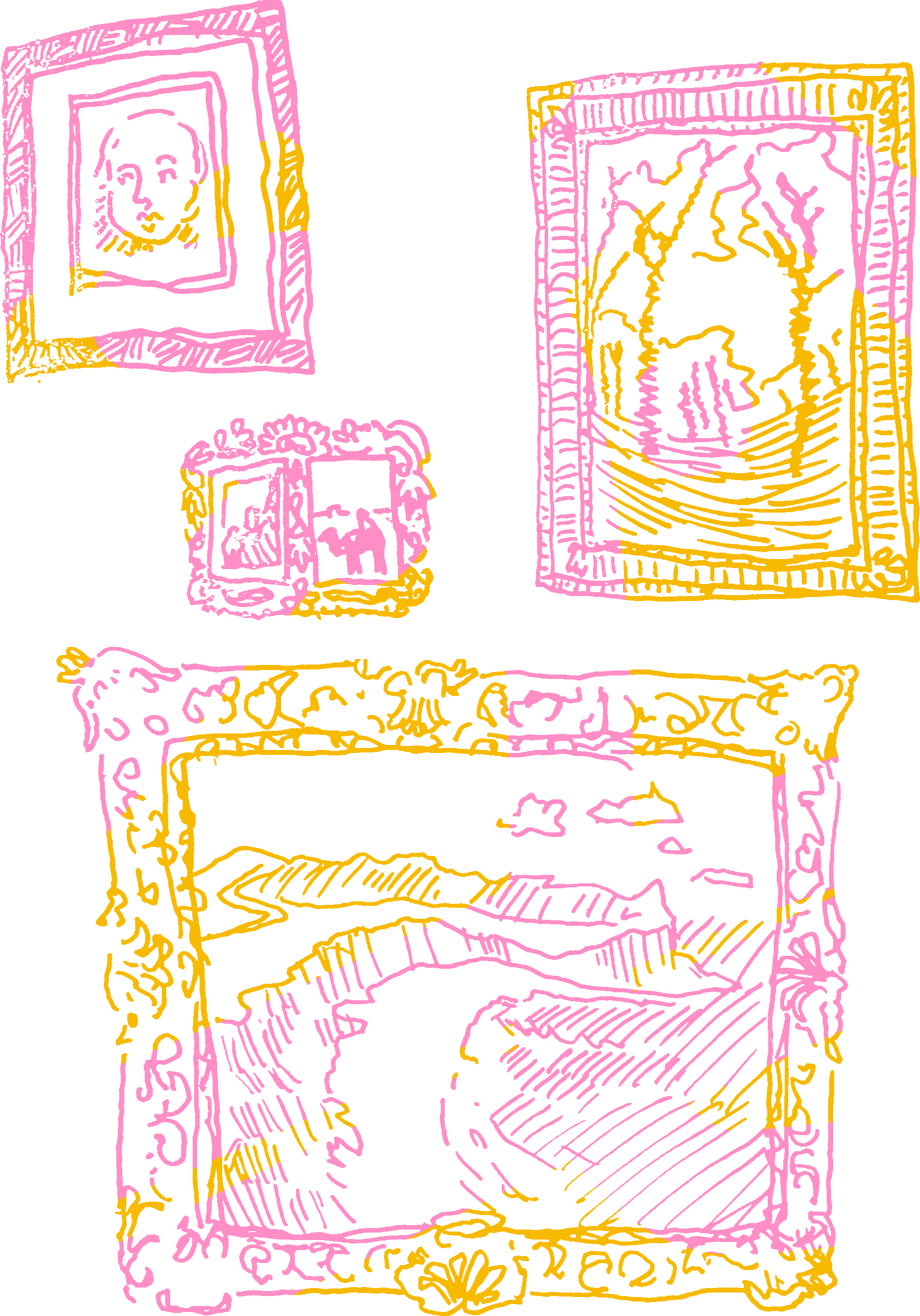 Sketchy ink studies of some paintings in frames.