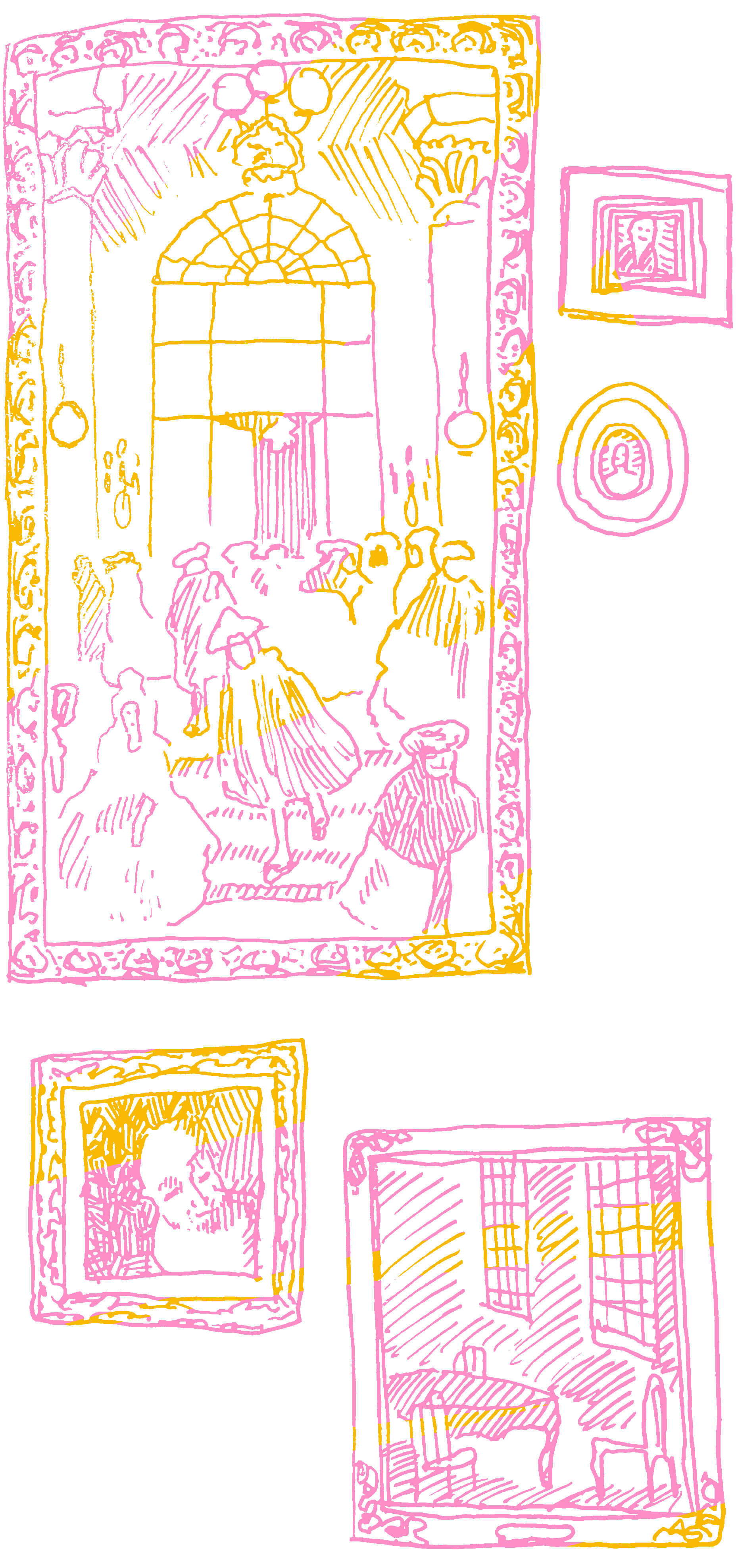 Sketchy ink studies of some paintings in frames.