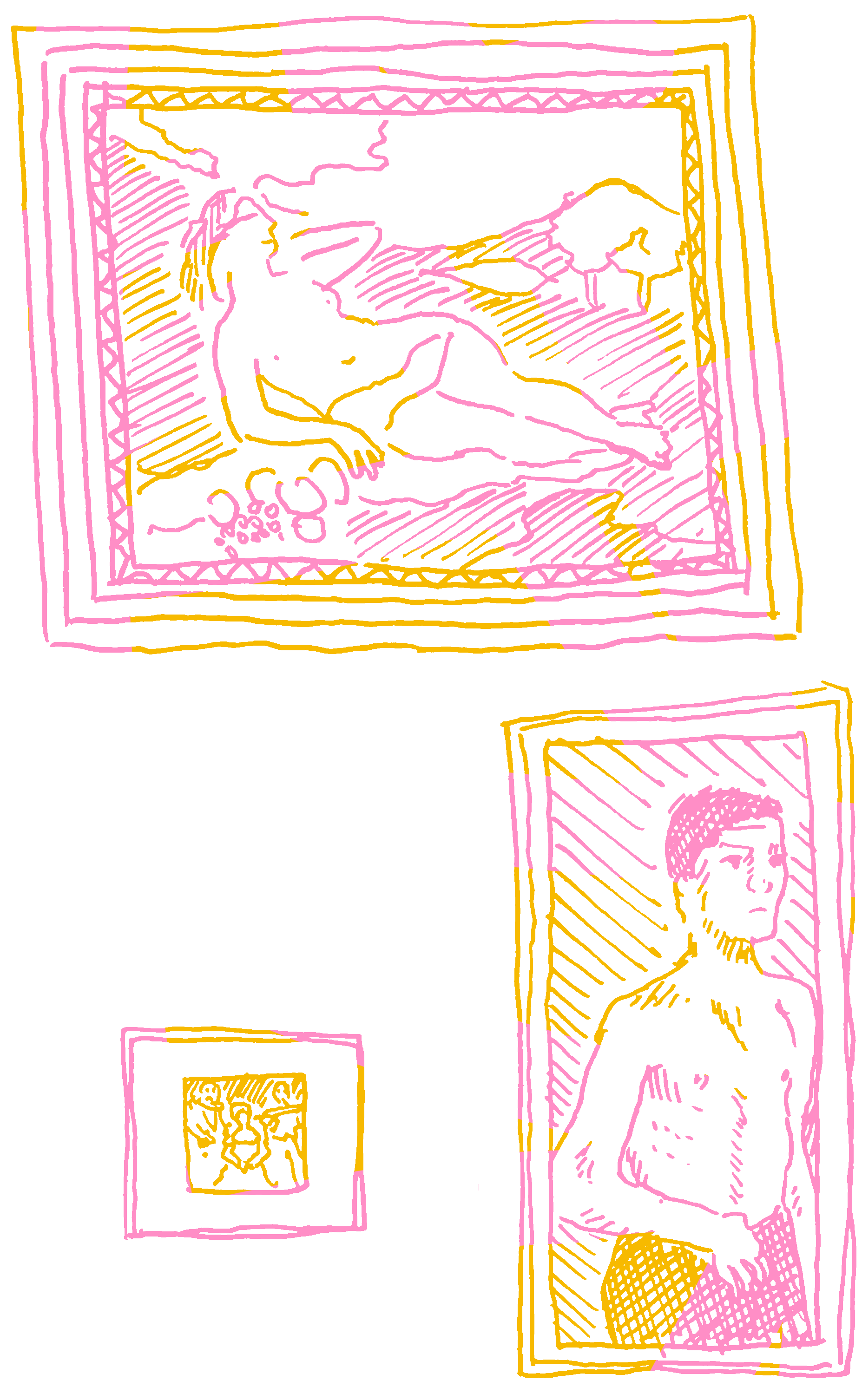 Sketchy ink studies of some paintings in frames.